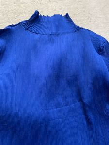 Vibrant Blue Pleated Mock Neck Button-Up Shirt