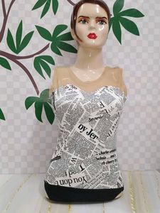 (200)Newspaper Print Sleeveless Top