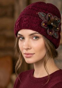 Burgundy Knit Beanie with Floral Embellishment