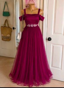 Stunning Magenta Tulle Gown with Embellished Belt