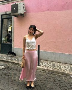 Chic Pink Striped Wrap Skirt with Bow