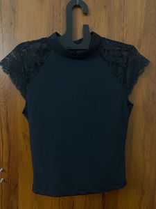 Chinese Collor Black Lace Sleeve Top