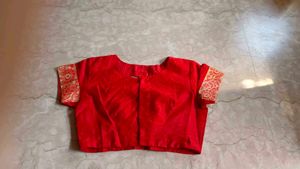 Elegant Red Silk Blouse with Golden Border