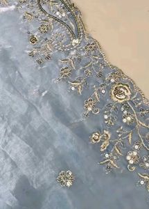 Elegant Grey-Blue &amp; Ivory Embroidered Saree.