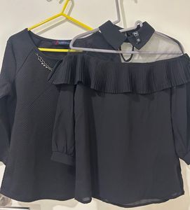 Black Chic Combo: Textured &amp; Ruffled Mesh Top