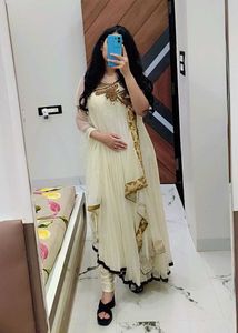 Elegant Cream Anarkali Suit with Golden Embroidery