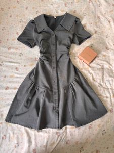 Chic Grey Button-Up korean dress