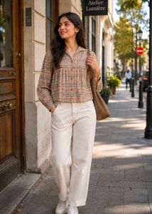 Plaid Print Button-Down Blouse