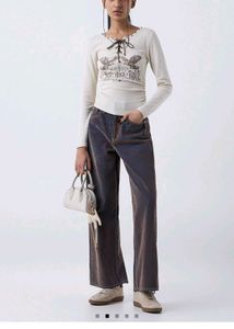 Cream Lace-Up Graphic Long Sleeve Top