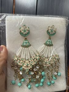 Beautiful Teal &amp; White Jhumka Earrings