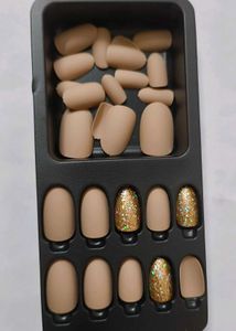 Beige & Gold Glitter Press-On Nails