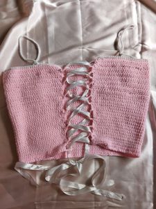 Pink Bow Crochet Top With Lace At The Back