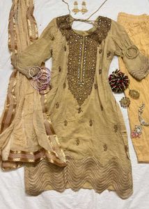 Embellished Beige Kurta Set with Dupatta