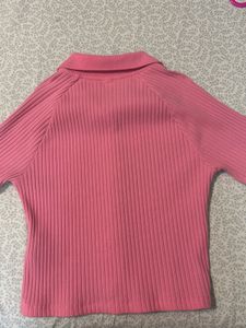 Pink Ribbed Collared Button-Up Top