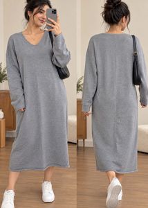 Comfy V-Neck Grey Sweater Dress