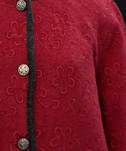 Wine Textured Button-Front Long Jacket
