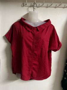 Chic Red Collared Button-Up Top