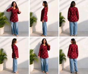Maroon Printed V-Neck Kurta
