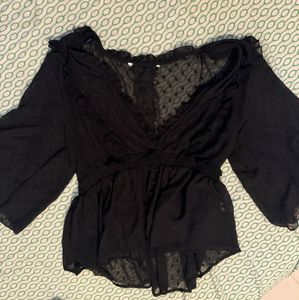 Elegant Black Sheer Blouse with Ruffle Detail