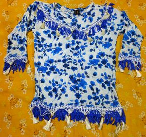 Blue Floral Print Tasselled Kurta
