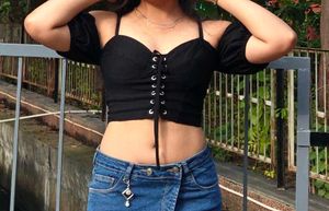 Trendy Black Corset Puff Sleeve Top