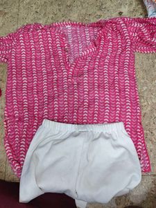 Pink Printed Kurta with White Pants