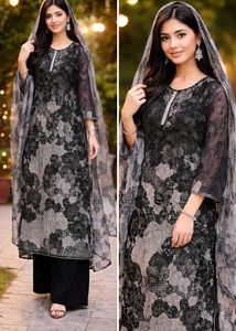 pakistani Gray Floral kaftan Kurta Set