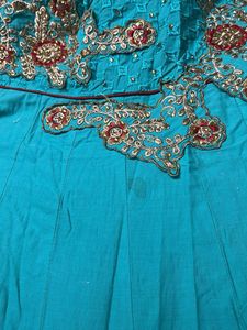 Turquoise &amp; Red Embroidered Anarkali Gown