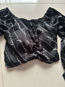 Black Satin Script Print Crop Top