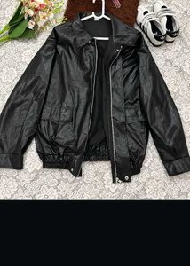 Black Faux Leather Bomber Jacket
