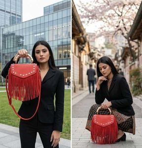 Chic Red Handbag with Gold Accent Handle