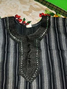 Striped Kurta with Embellished Neckline