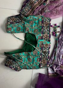 Purple &amp; Green Embroidered Lehenga