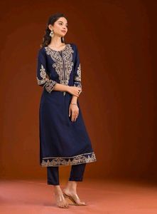 Embroidered Navy Blue Kurta
