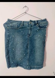 Pearl Embellished Denim Skirt