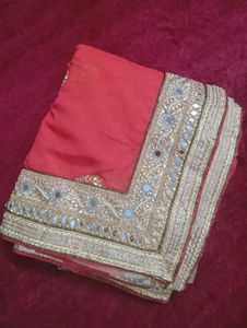 Exquisite Dual-Tone Mirror Work Saree Peach Orange