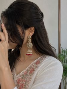 Kundan Pearl Jhumka Earrings with Red Beads