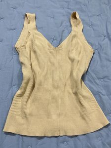 Cream Ribbed V-Neck Tank Top