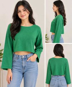 Stylish Green Cropped Long Sleeve Top