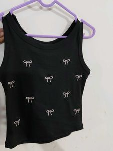 Black Tank Top with Bow Embroidery