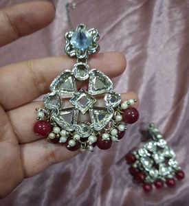 SilverPlated Kundan Style Earrings + MaangTikka