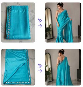 Elegant Teal Saree with Mirror Work Border