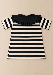 BLACK AND WHITE STRIPED TOP WITH RUFFLED COLLAR