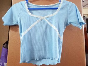 Light Blue Lace Trim Cropped Top