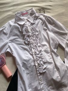 Chic Ruffled White Button-Up Shirt