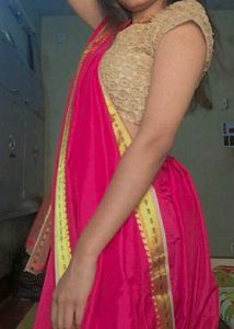 Vibrant Pink Saree with Gold Border