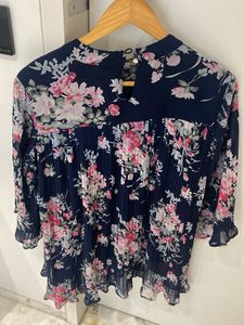 Navy Floral Pleated Top