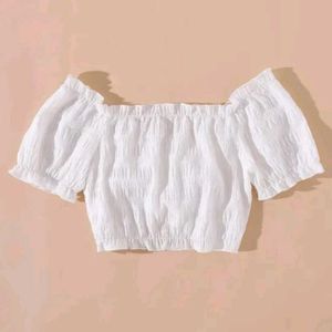 White Ruched Crop Top with Puff Sleeves