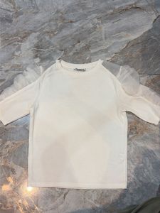 White T-Shirt with Sheer Sleeves