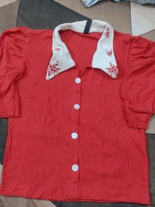 Red Button-Up Blouse with Embroidered Collar